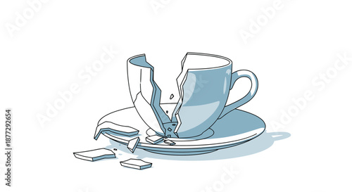 Broken light blue porcelain tea cup shattered into several pieces lying on a matching saucer against a white background.