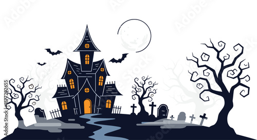 Spooky dark haunted house with glowing windows at night under a full moon with bats flying and tombstones in a graveyard.