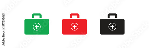 A set of three medical first aid kit icons in green red and black with a white cross isolated on a white background for health emergencies and medical assistance