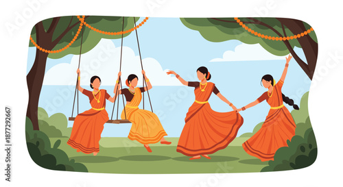 Group of Indian women in traditional orange sarees celebrating a festival by dancing and sitting on a decorated swing.