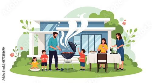 Large happy family including children and grandparents enjoying a summer barbecue party in their green backyard.