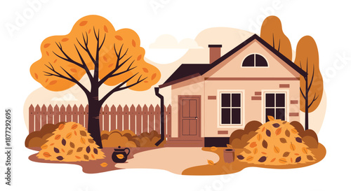 Charming small cottage house in autumn featuring a large tree with orange leaves and piles of fallen foliage in the yard.