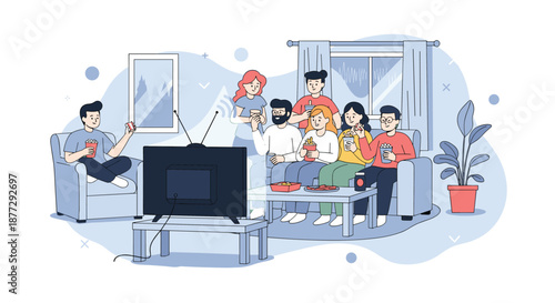 Group of young friends relaxing on a sofa while watching television eating popcorn and drinking sodas in a living room.