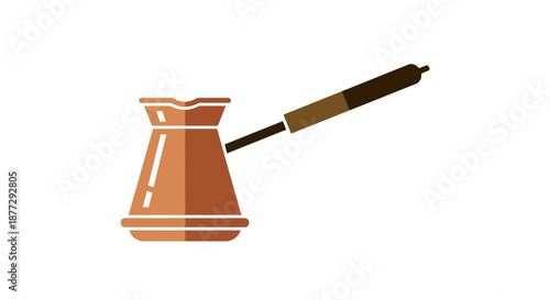 A stylized illustration of a traditional copper Turkish coffee pot with a long handle and wooden grip on a white background.