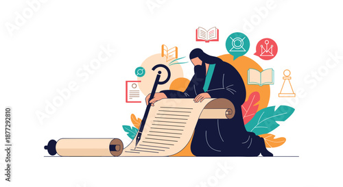 Historical scribe with a long beard sitting on the ground and diligently writing on a long paper scroll with a quill pen.