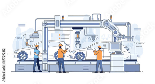 Industrial car manufacturing plant with workers and robotic arms on an assembly line producing white vehicles in a clean automated facility.