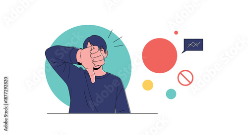 Young man expressing disapproval or failure by giving a thumbs down gesture against a background of various abstract circular icons.