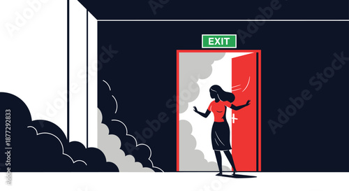 Silhouette of a woman running through a smoke-filled dark hallway towards a bright red emergency fire exit door for safety.