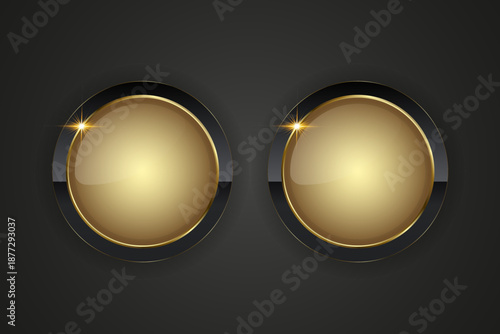 Two luxurious circular button design featuring two golden center with a reflective sheen. Double buttons is outlined by a sleek gold border, complemented by a black background.