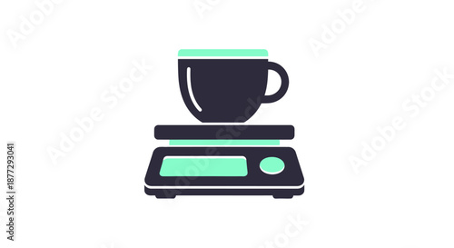 A dark grey coffee cup with a light green rim sits on a modern digital kitchen scale, used for precise measurement.