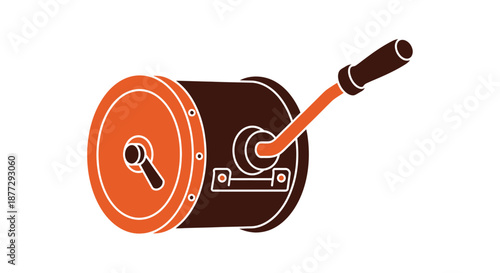 A vintage-style illustration of a hand-cranked mechanical device, possibly an old generator or siren, with a brown body and orange accents.
