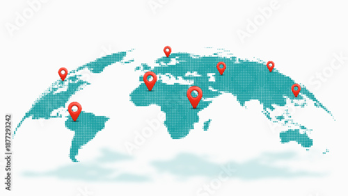 World map with blue and green gradient halftone dots. A global world map created from a blue and green gradient halftone dot pattern, forming a clean and modern geographic silhouette.