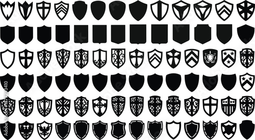 Heraldic shield silhouettes collection featuring medieval emblems and coat of arms designs, black isolated icons for branding, logos, security symbols, fantasy art, and historical illustrations
