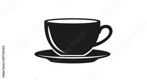 A simple black silhouette icon of a teacup or coffee cup with a saucer on a white background.