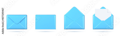 3D blue envelope icon collection featuring opened and closed mail designs. Cartoon style email symbols representing messaging, document delivery, postcards, and mail notifications.