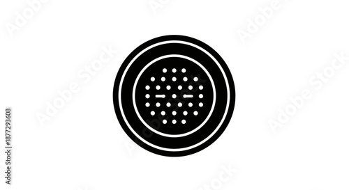 Black and white icon of a circular perforated grille, possibly a speaker or drain cover.