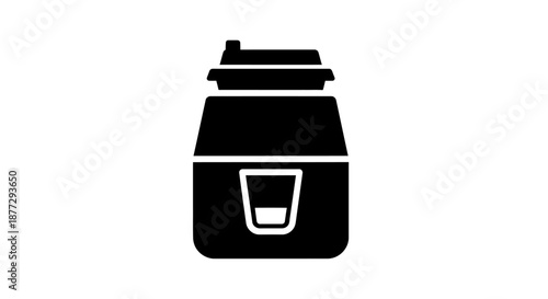 Black silhouette of a travel mug or thermos with a lid and a design element.