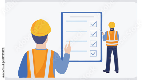 Two construction workers reviewing checklist on large clipboard