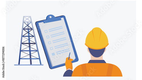 Construction worker inspecting oil rig with checklist