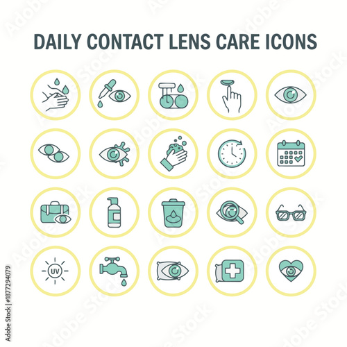 Daily Contact Lens Care Icon Set, Vector Symbols for Eye Health and Hygiene