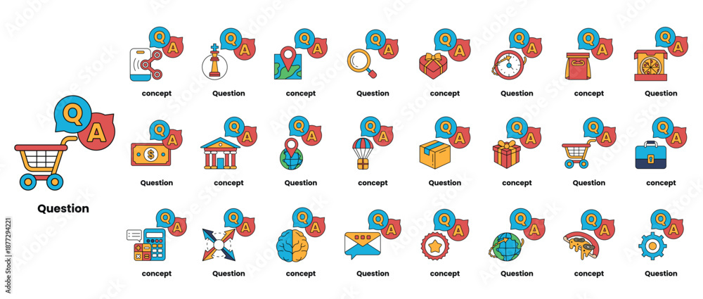 Naklejka premium set of illustrations depicting question marks and various objects in a line art style