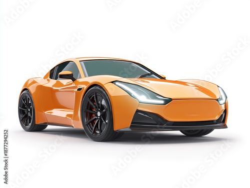 Sleek Orange Sports Car With Black Wheels and LED Headlights On White Background