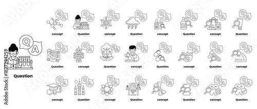 set of illustrations depicting question marks and various objects in a line art style