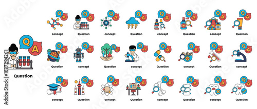 set of illustrations depicting question marks and various objects in a line art style