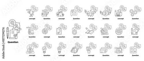 set of illustrations depicting question marks and various objects in a line art style
