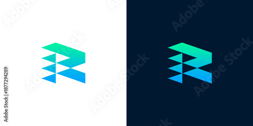 A modern, abstract initial R letter logo design featuring dynamic geometric shapes and a vibrant green and blue gradient, suitable for technology, business, or branding applications