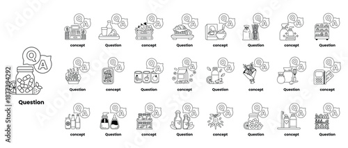 set of illustrations depicting question marks and various objects in a line art style