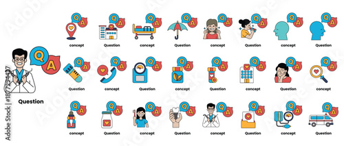 set of illustrations depicting question marks and various objects in a line art style