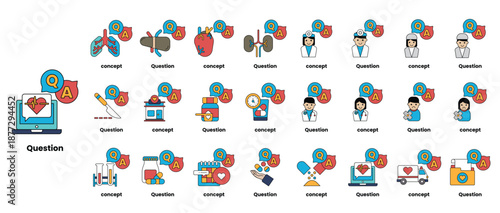 set of illustrations depicting question marks and various objects in a line art style