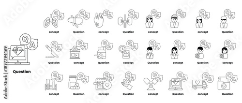 set of illustrations depicting question marks and various objects in a line art style