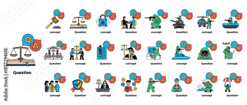 set of illustrations depicting question marks and various objects in a line art style