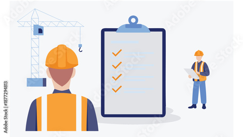 Construction workers with checklist clipboard and crane in background
