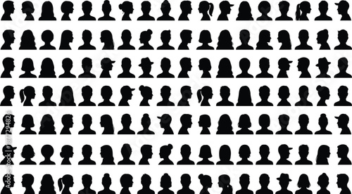Large set of diverse people profile silhouettes showing male and female heads in side view, black human avatar icons isolated on white background