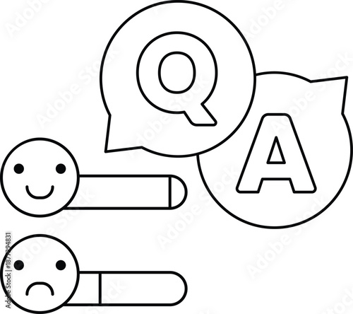 A cartoon of two faces with a smile and a frown, and a question mark and an A