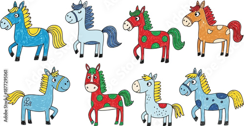 Vibrant Childlike Cartoon Horses Hand Drawn with Colored Pencils.eps