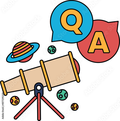 A telescope is shown with a question mark and an A above it
