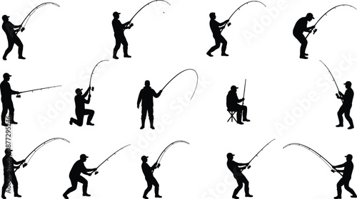 Fishing silhouettes collection featuring anglers casting rods in dynamic poses isolated on white background vector illustration set