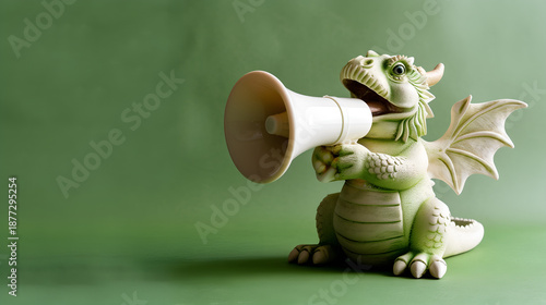 A water dragon excitedly speaks into a large megaphone