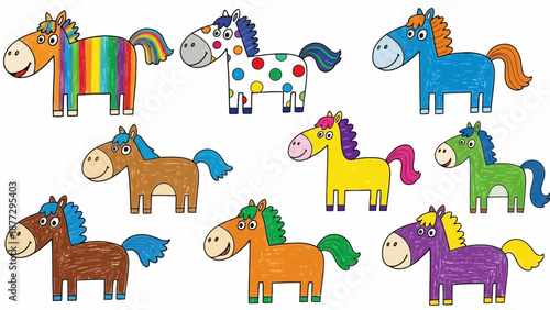 Colorful Childlike Hand Drawn Cartoon Horses Collection.eps