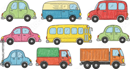 Childlike colorful hand drawn crayon vehicles cars bus van and trucks.eps