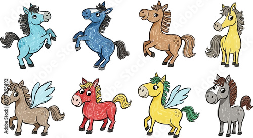 Adorable hand drawn crayon style horses and mythical winged pegasi collection.eps
