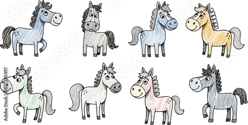 Adorable Hand Drawn Cartoon Horses with Textured Colored Pencil Effect Playful Illustrations.eps