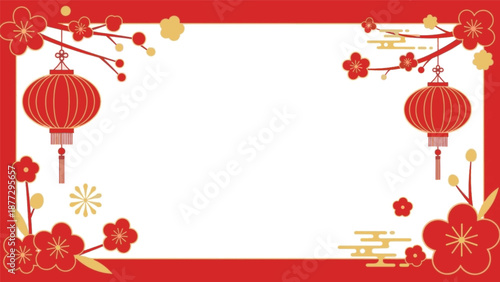 Vibrant Red Border Frame with Traditional Chinese Lanterns and Golden Cherry Blossoms, Perfect for Festive Greetings and Cultural Celebrations