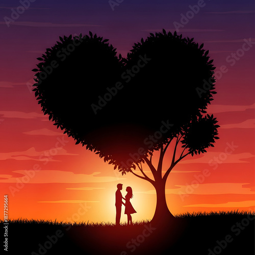 Couple Embracing Under Heart-Shaped Tree Silhouette at Sunset