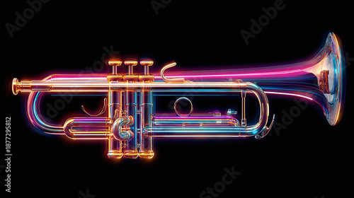 A vibrant neon trumpet against a dark backdrop. The instrument glows with an array of colors, emphasizing its elegant form
