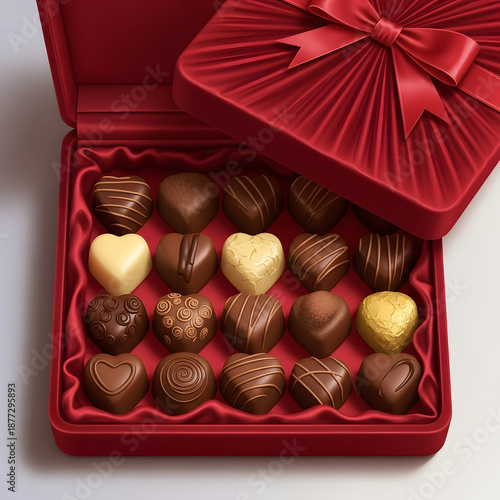 Assorted chocolates in a red gift box with a ribbon viewed from above
